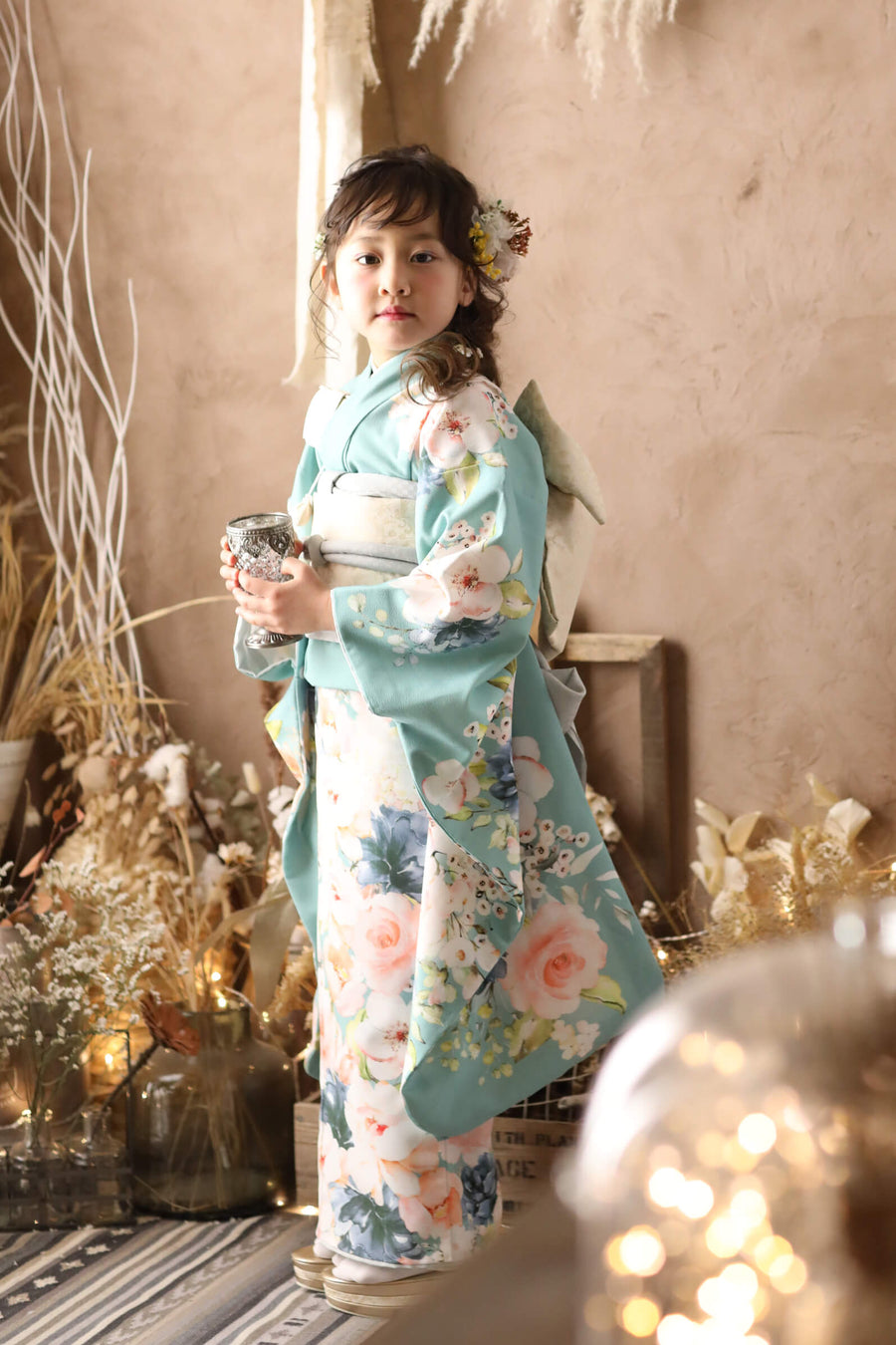 Children's Kimono, rose, emerald green, 6-9 years
