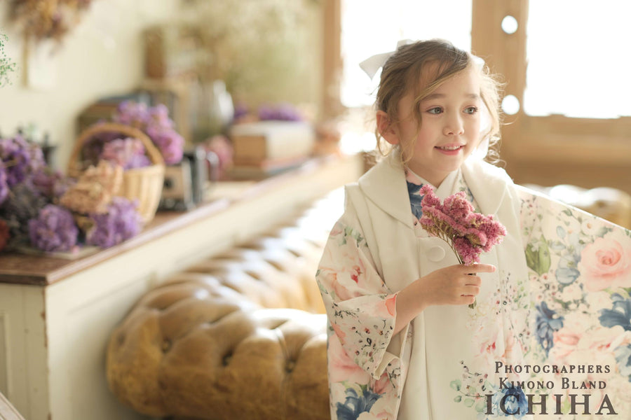Children's Kimono, rose , off-white,3~5 years